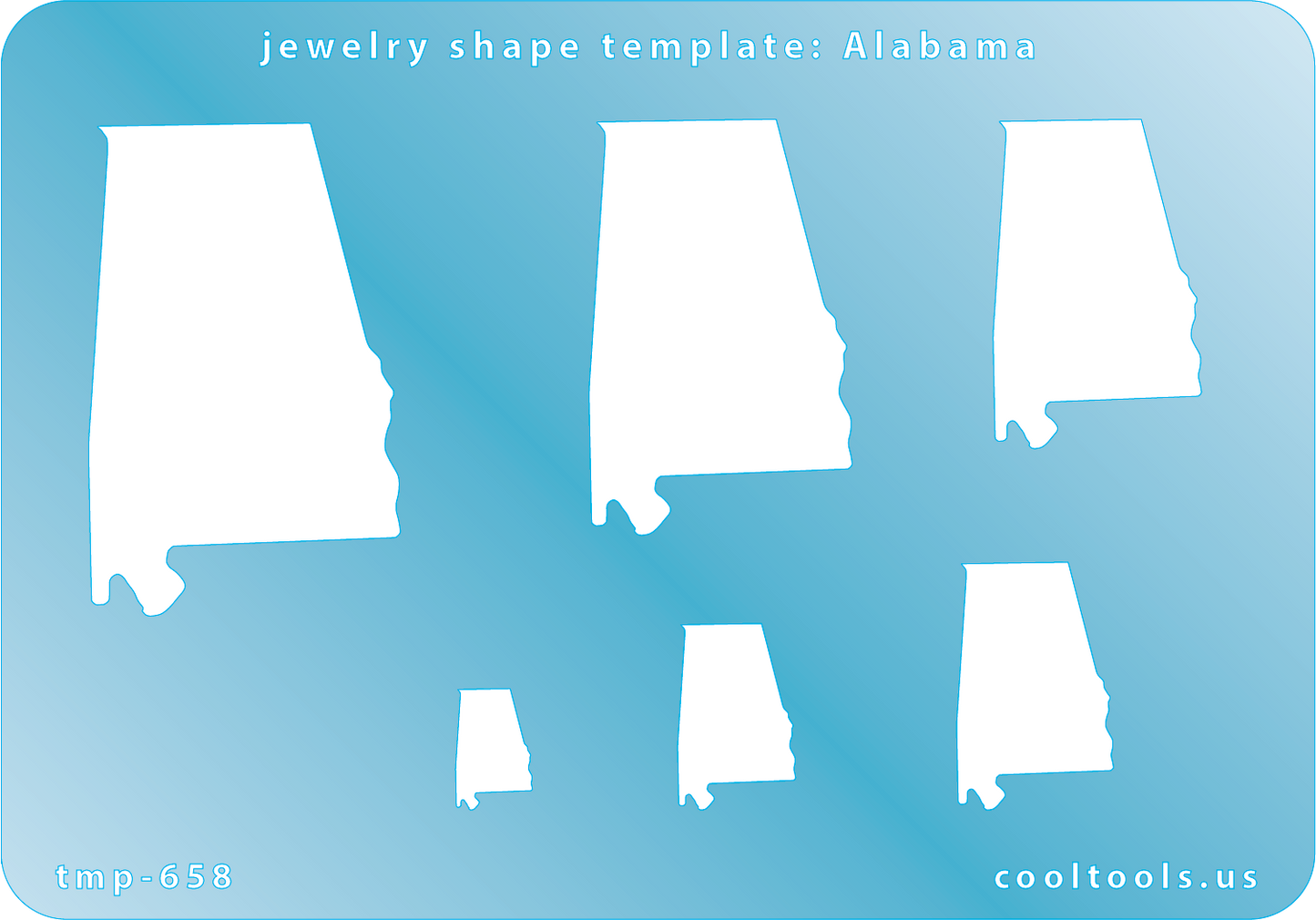 Blue plastic Jewelry Shape Template - Alabama All 50 U.S. States are available. These templates are perfect for creating a personalized gift or a piece for yourself to represent your favorite state. Includes 6 shapes. Sizes are from 11.5mm to 47.5mm. Our special surface makes it easy to find these templates on your workbench, but allows clarity for positioning.