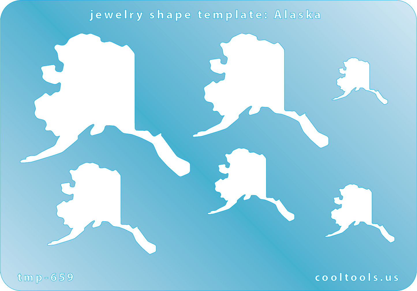 Blue plastic Jewelry Shape Template - Alaska All 50 U.S. States are available. These templates are perfect for creating a personalized gift or a piece for yourself to represent your favorite state. Includes 6 shapes. Sizes are from 16.5mm to 50mm. Our special surface makes it easy to find these templates on your workbench, but allows clarity for positioning.