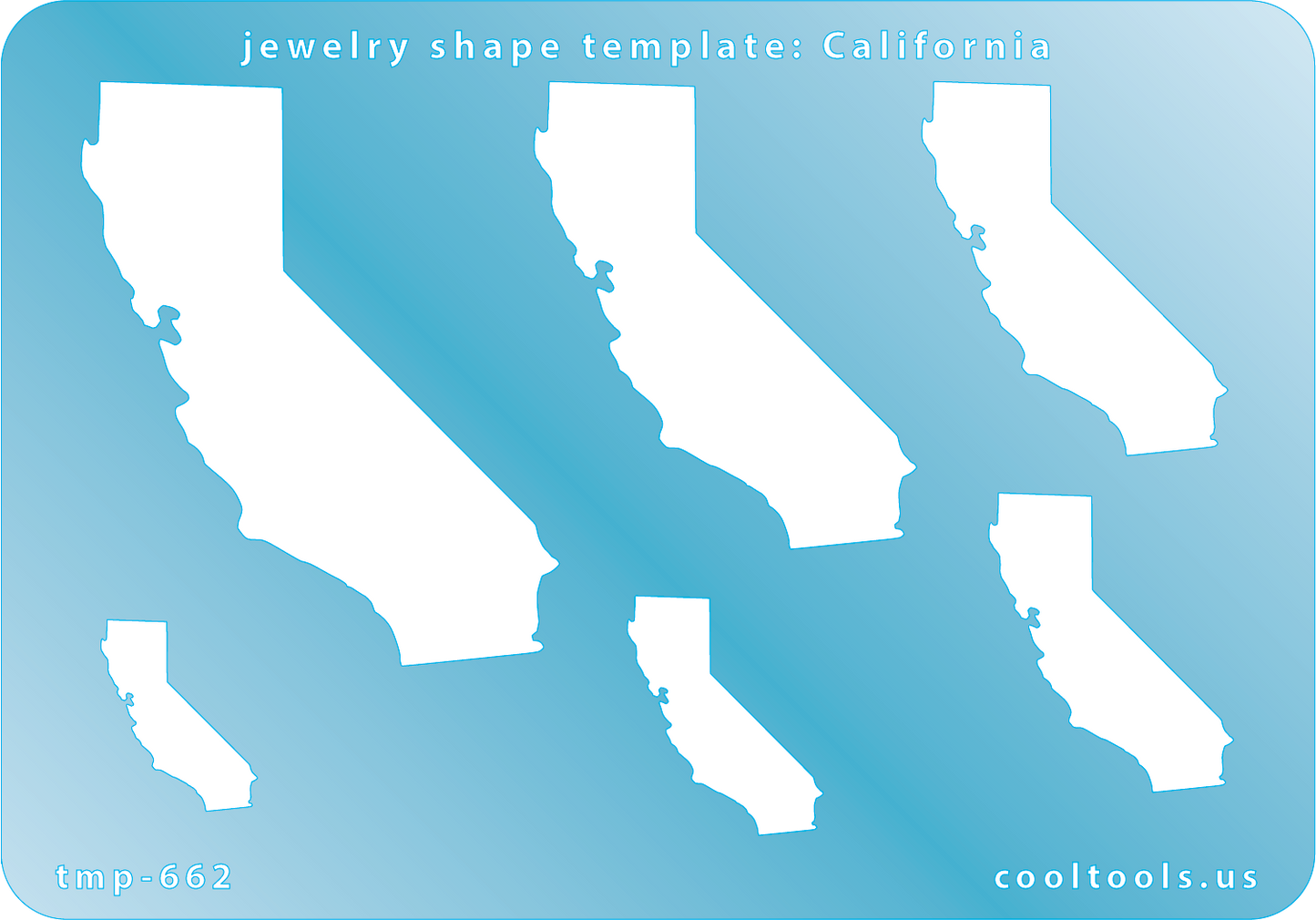 Blue plastic Jewelry Shape Template - California All 50 U.S. States are available. These templates are perfect for creating a personalized gift or a piece for yourself to represent your favorite state. Includes 6 shapes. Sizes are from 22mm to 69mm.