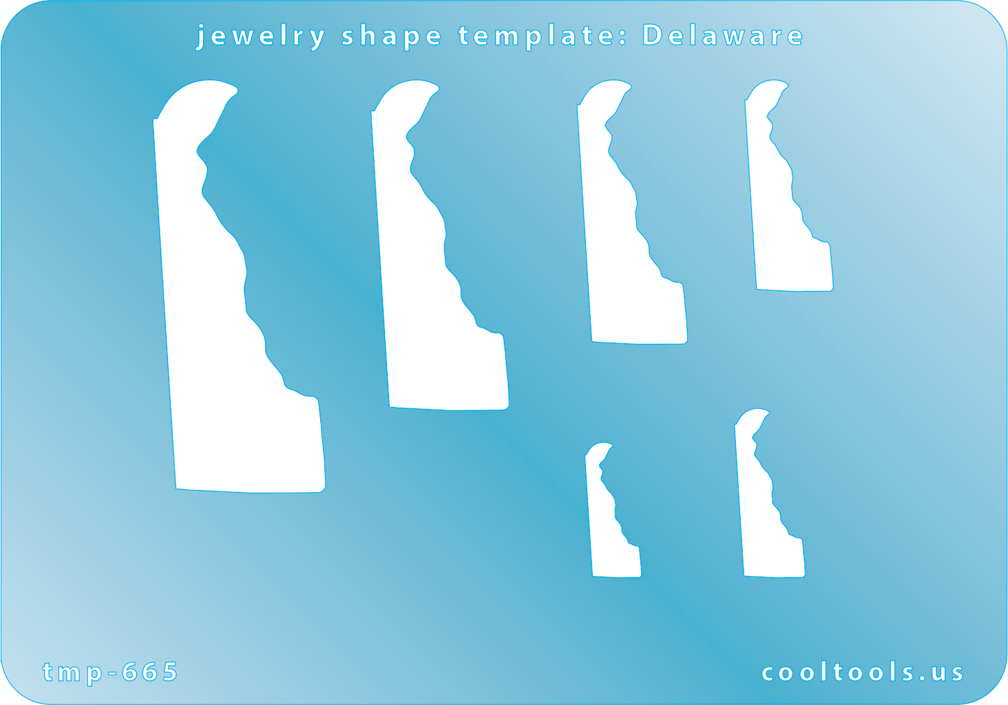 Blue plastic Jewelry Shape Template - Delaware All 50 U.S. States are available. These templates are perfect for creating a personalized gift or a piece for yourself to represent your favorite state. Includes 6 shapes. Sizes are from 17mm to 51.5mm.