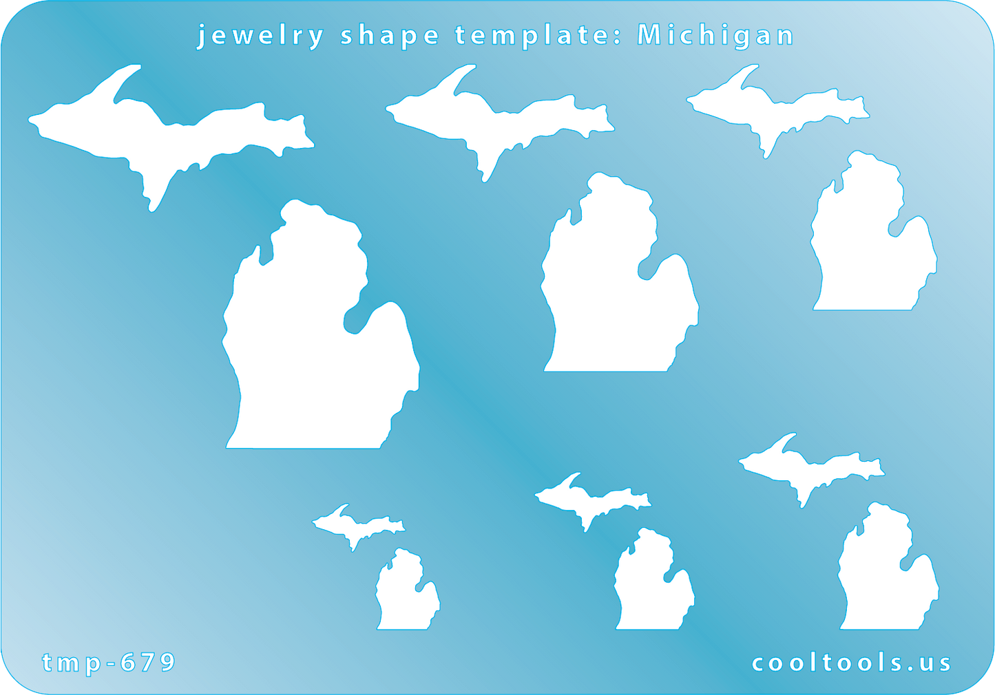 Blue plastic Jewelry Shape Template - Michigan All 50 U.S. States are available. These templates are perfect for creating a personalized gift or a piece for yourself to represent your favorite state. Includes 6 shapes. Sizes are from 19.5mm to 61mm.