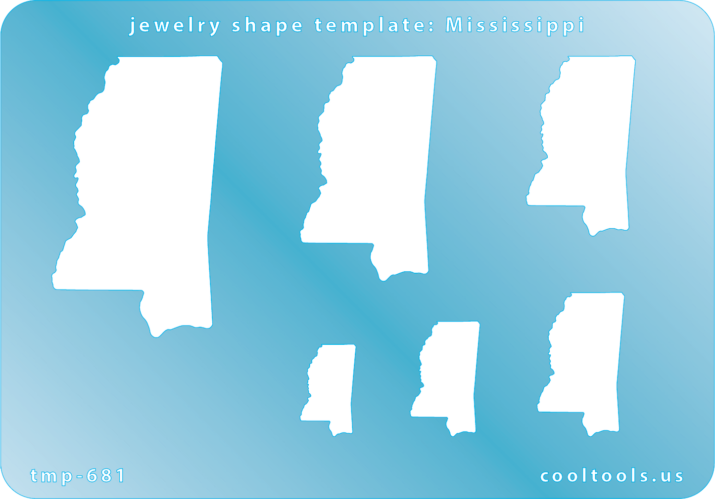Blue plastic Jewelry Shape Template - Mississippi All 50 U.S. States are available. These templates are perfect for creating a personalized gift or a piece for yourself to represent your favorite state. Includes 6 shapes. Sizes are from 16mm to 48.5mm.