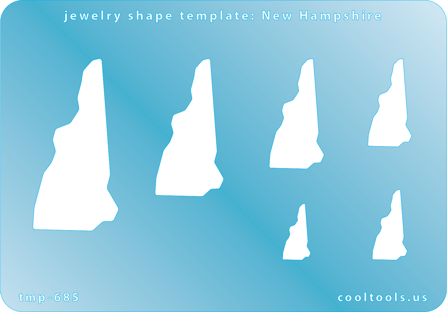 Blue plastic Jewelry Shape Template - New Hampshire All 50 U.S. States are available. These templates are perfect for creating a personalized gift or a piece for yourself to represent your favorite state. Includes 6 shapes. Sizes are from 16.5mm to 51.5mm.