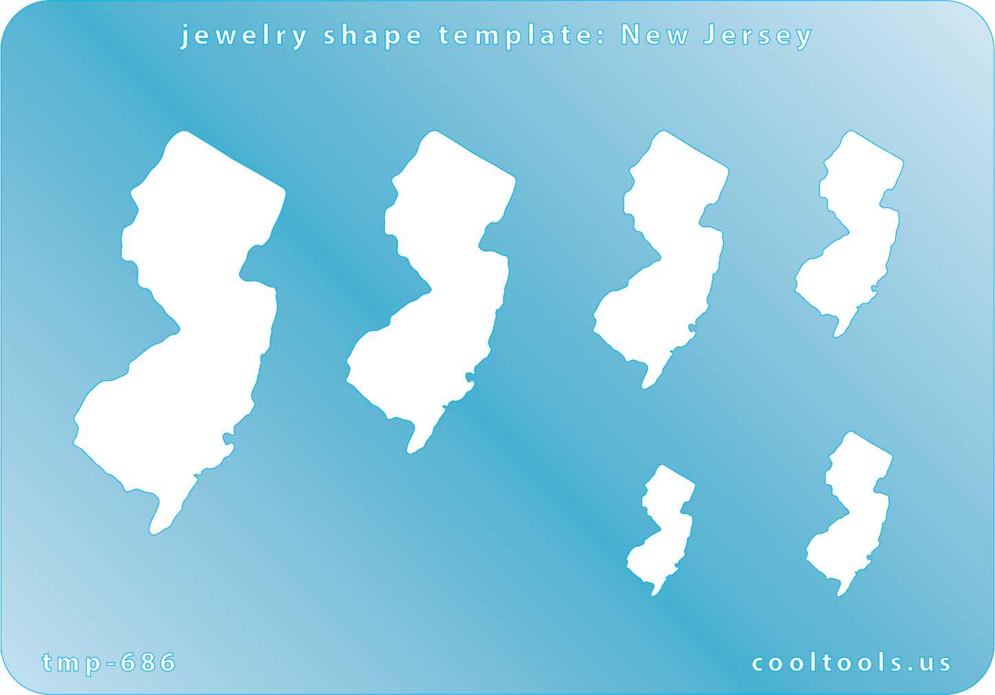 Blue plastic Jewelry Shape Template - New Jersey All 50 U.S. States are available. These templates are perfect for creating a personalized gift or a piece for yourself to represent your favorite state. Includes 6 shapes. Sizes are from 16.5mm to 51.5mm.