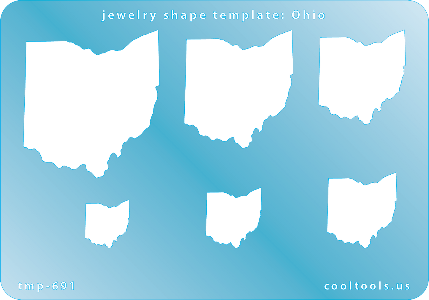 Blue plastic Jewelry Shape Template - Ohio All 50 U.S. States are available. These templates are perfect for creating a personalized gift or a piece for yourself to represent your favorite state. Includes 6 shapes. Sizes are from 17mm to 52.5mm.
