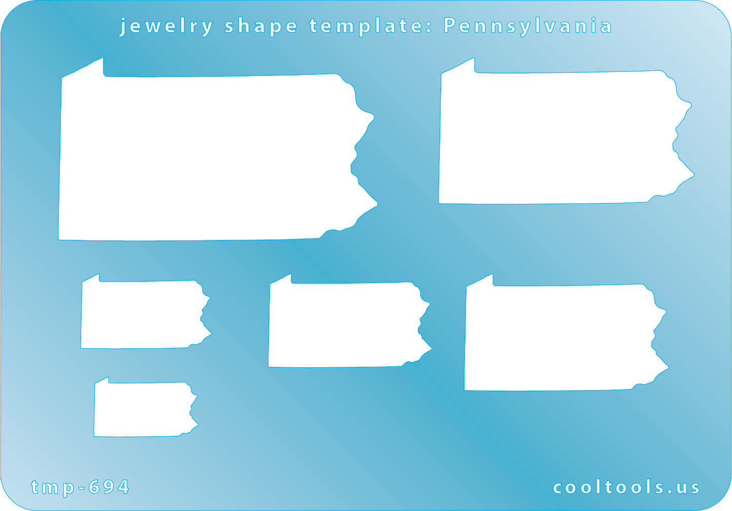 Blue plastic Jewelry Shape Template - Pennsylvania All 50 U.S. States are available. These templates are perfect for creating a personalized gift or a piece for yourself to represent your favorite state. Includes 6 shapes. Sizes are from 19mm to 58mm.