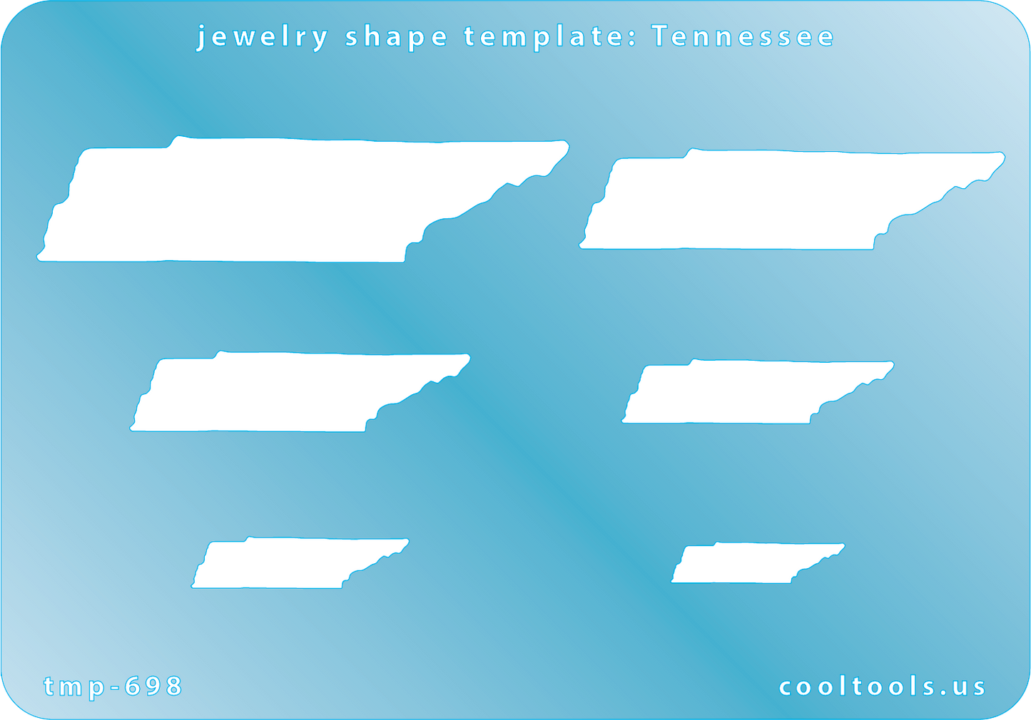 blue plastic Jewelry Shape Template - Tennessee
All 50 U.S. States are available. These templates are perfect for creating a personalized gift or a piece for yourself to represent your favorite state.
Includes 6 shapes. Sizes are from 21.5mm to 66.5mm.
Our special surface makes it easy to find these templates on your workbench, but allows clarity for positioning.
