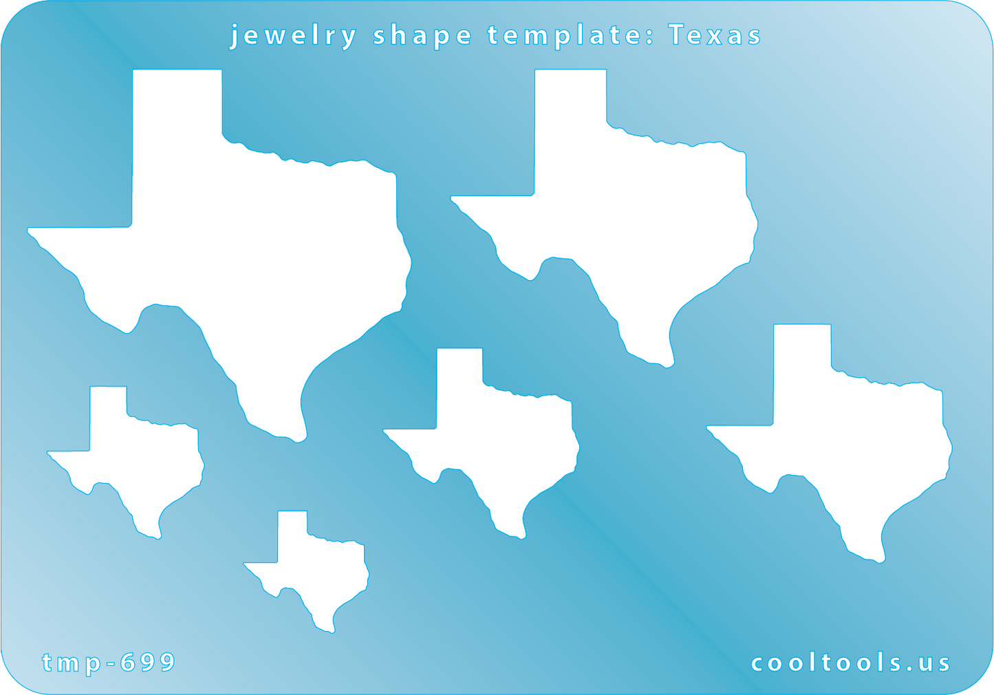 Blue plastic Jewelry Shape Template - Texas All 50 U.S. States are available. These templates are perfect for creating a personalized gift or a piece for yourself to represent your favorite state. Includes 6 shapes. Sizes are from 17mm to 52mm.