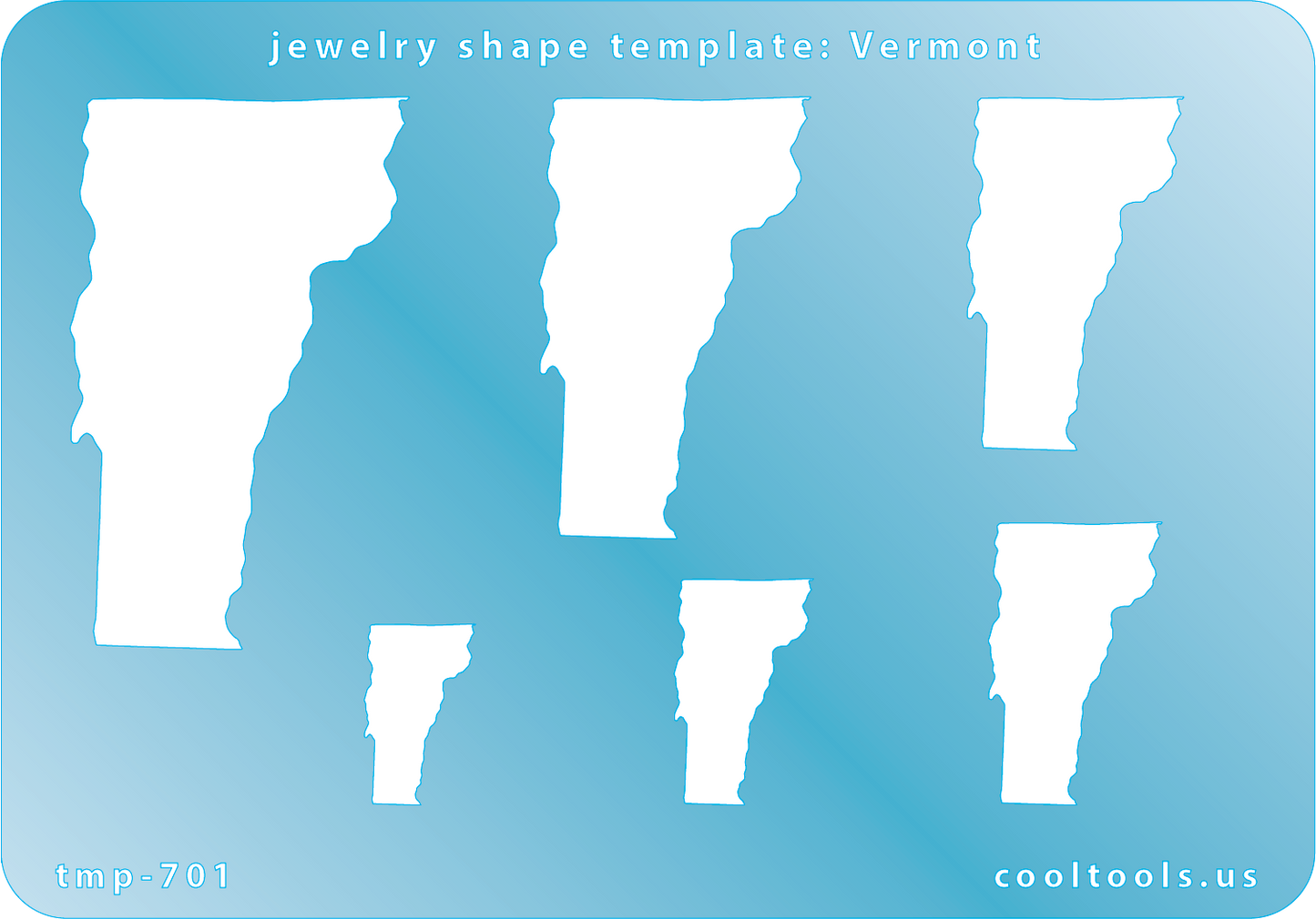 Blue plastic Jewelry Shape Template - Vermont All 50 U.S. States are available. These templates are perfect for creating a personalized gift or a piece for yourself to represent your favorite state. Includes 6 shapes. Sizes are from 19mm to 60.5mm.