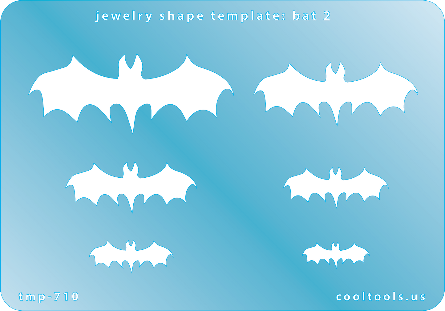 Blue plastic Jewelry Shape Template - Bat 2 Includes 6 shapes. Sizes are from 19mm to 59mm. Our special surface makes it easy to find these templates on your workbench, but allows clarity for positioning.
