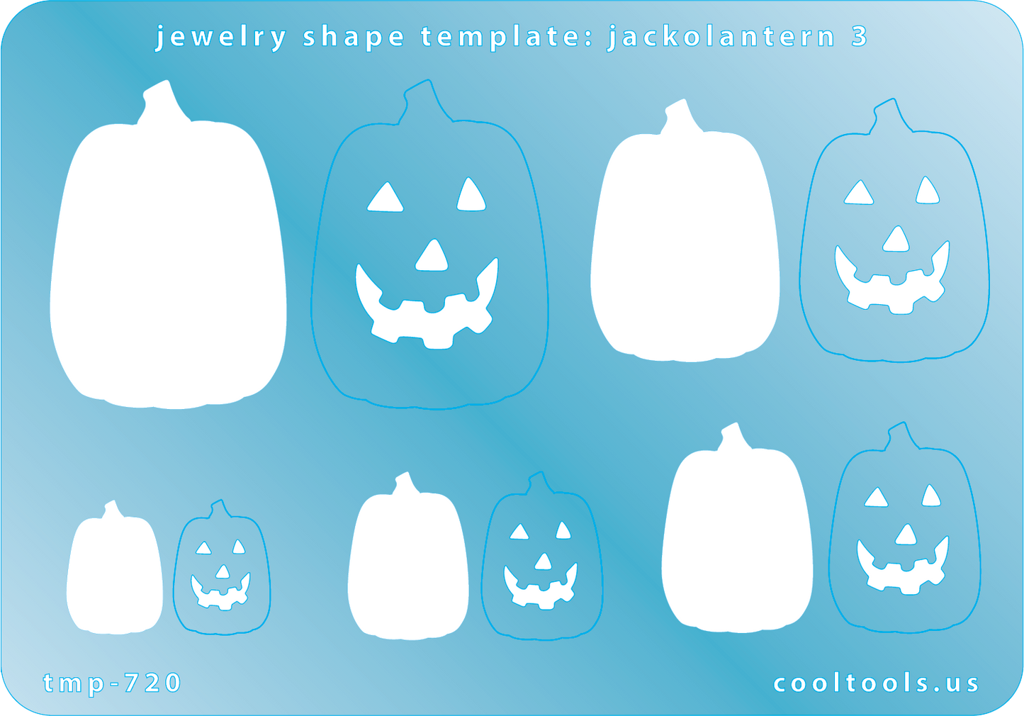 Blue plastic Jewelry Shape Template - Jack-o-Lantern 3 Includes 5 shapes. Sizes are from 16mm to 40mm. Our special surface makes it easy to find these templates on your workbench, but allows clarity for positioning.