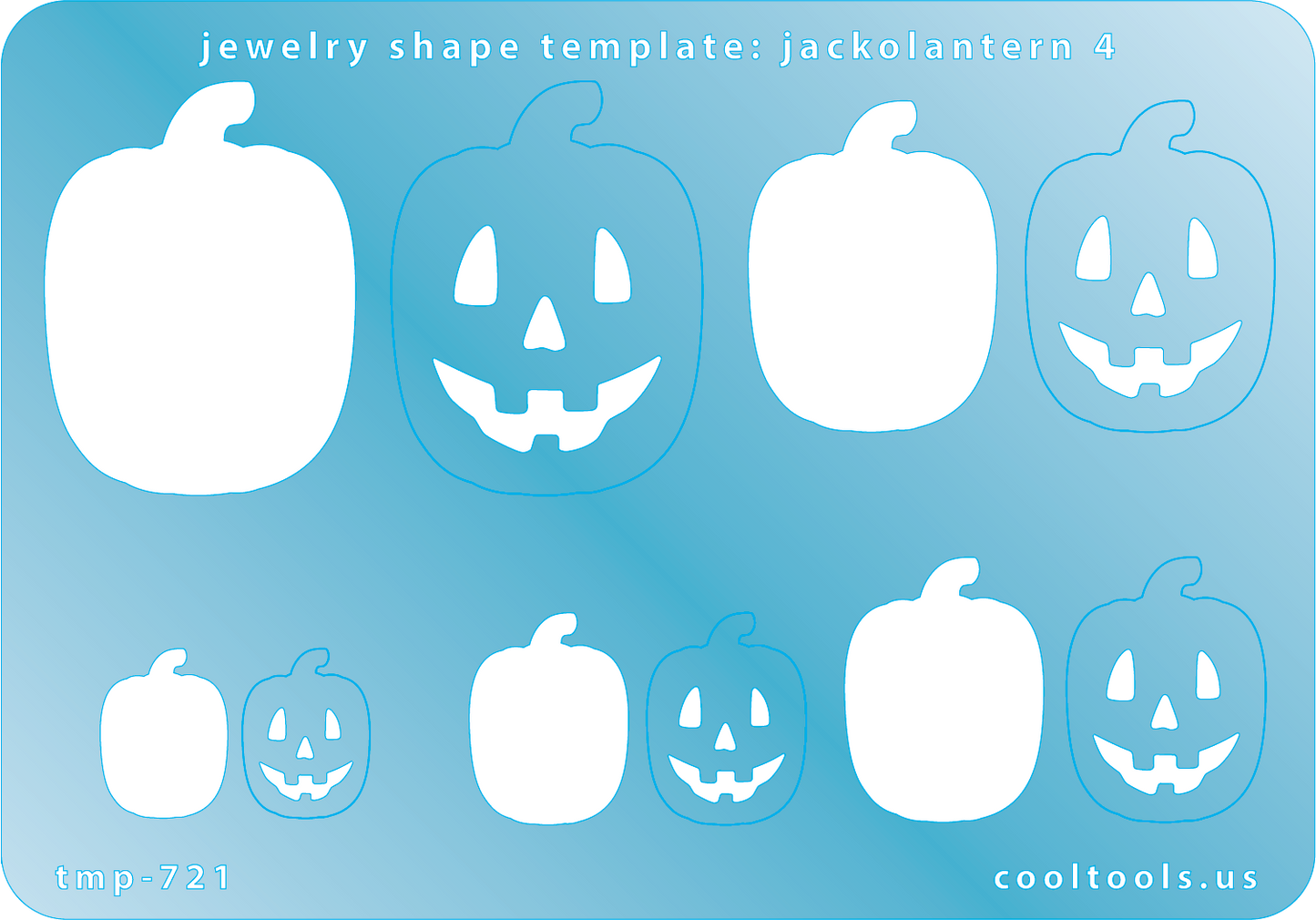 Blue plastic Jewelry Shape Template - Jack-o-Lantern 4 Includes 5 shapes. Sizes are from 16mm to 40mm. Our special surface makes it easy to find these templates on your workbench, but allows clarity for positioning.