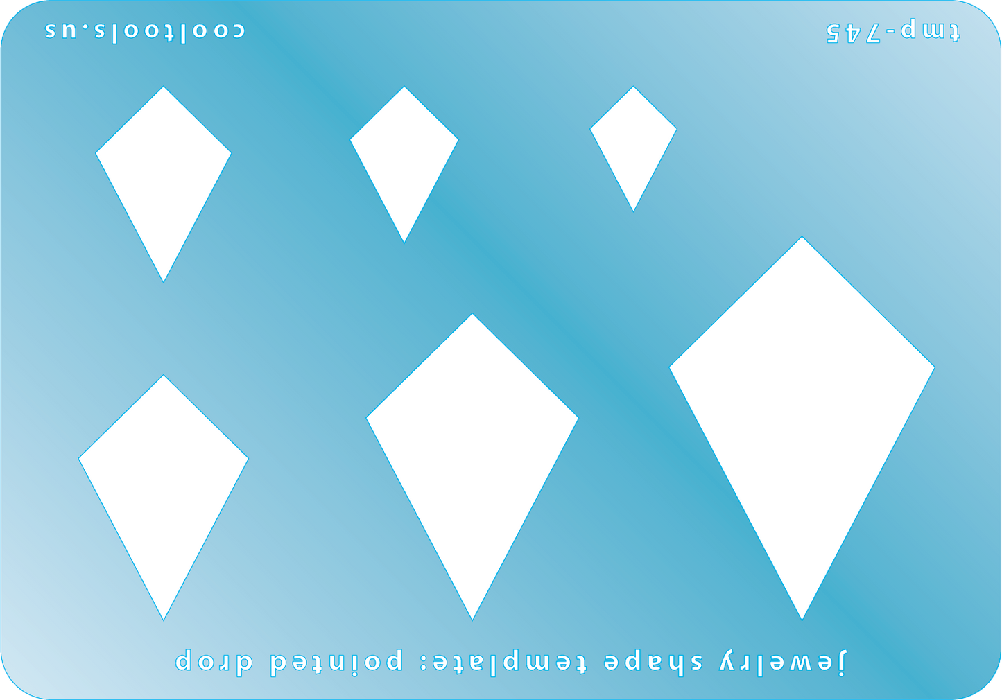 Blue plastic Jewelry Shape Template - Pointed Drop Includes 6 shapes. Sizes are from 15mm to 47.5mm. Our special surface makes it easy to find these templates on your workbench, but allows clarity for positioning.