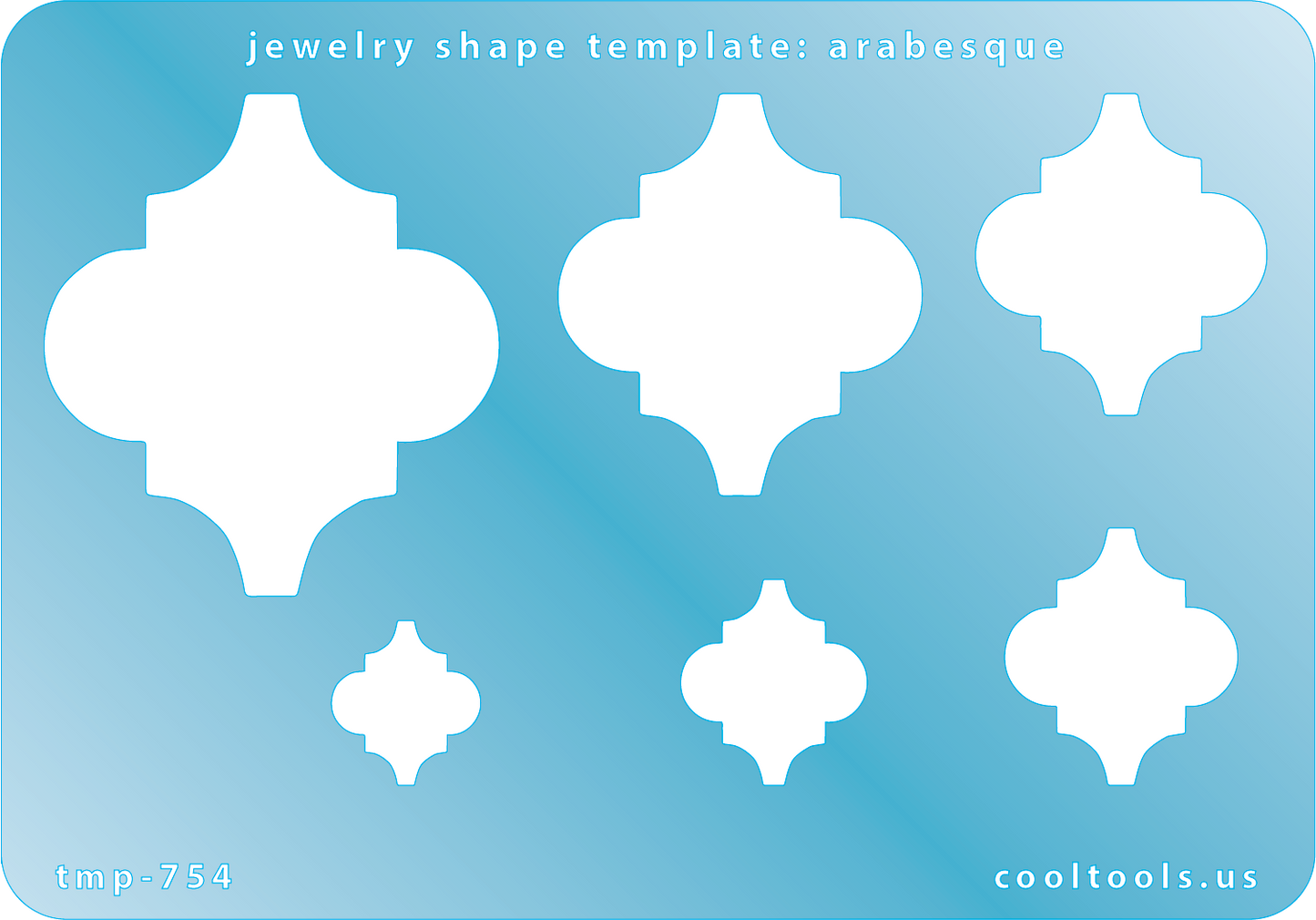 Blue plastic Jewelry Shape Template - Arabesque Includes 6 shapes. Sizes are from 10.5mm to 43.5mm. Our special surface makes it easy to find these templates on your workbench, but allows clarity for positioning.