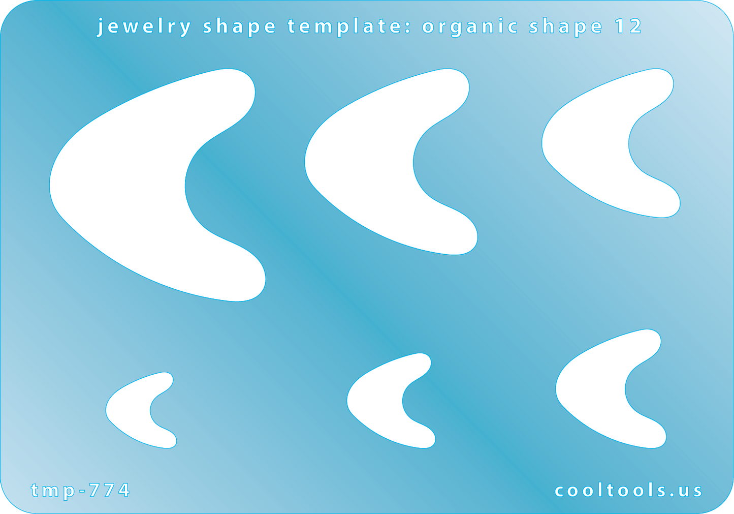 Blue plastic Jewelry Shape Template - Organic Shape 12 Includes 7 shapes. Sizes are from 13mm to 41mm. Our special surface makes it easy to find these templates on your workbench, but allows clarity for positioning.