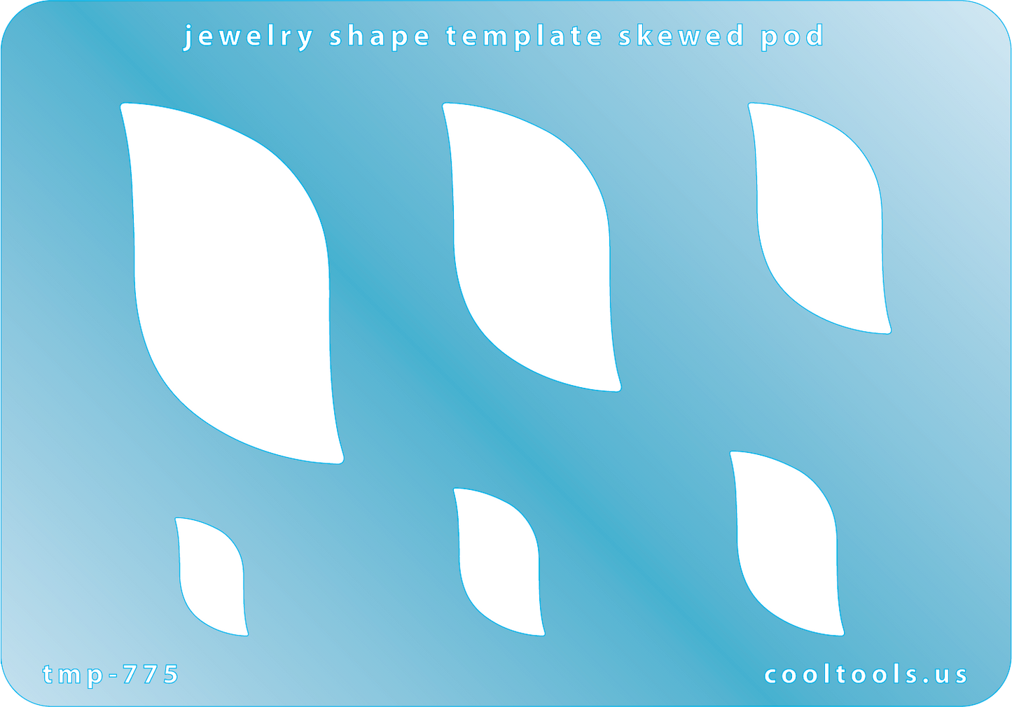 Blue plastic Jewelry Shape Template - Skewed Pod Includes 6 shapes. Sizes are from 17mm to 52.5mm. Our special surface makes it easy to find these templates on your workbench, but allows clarity for positioning.