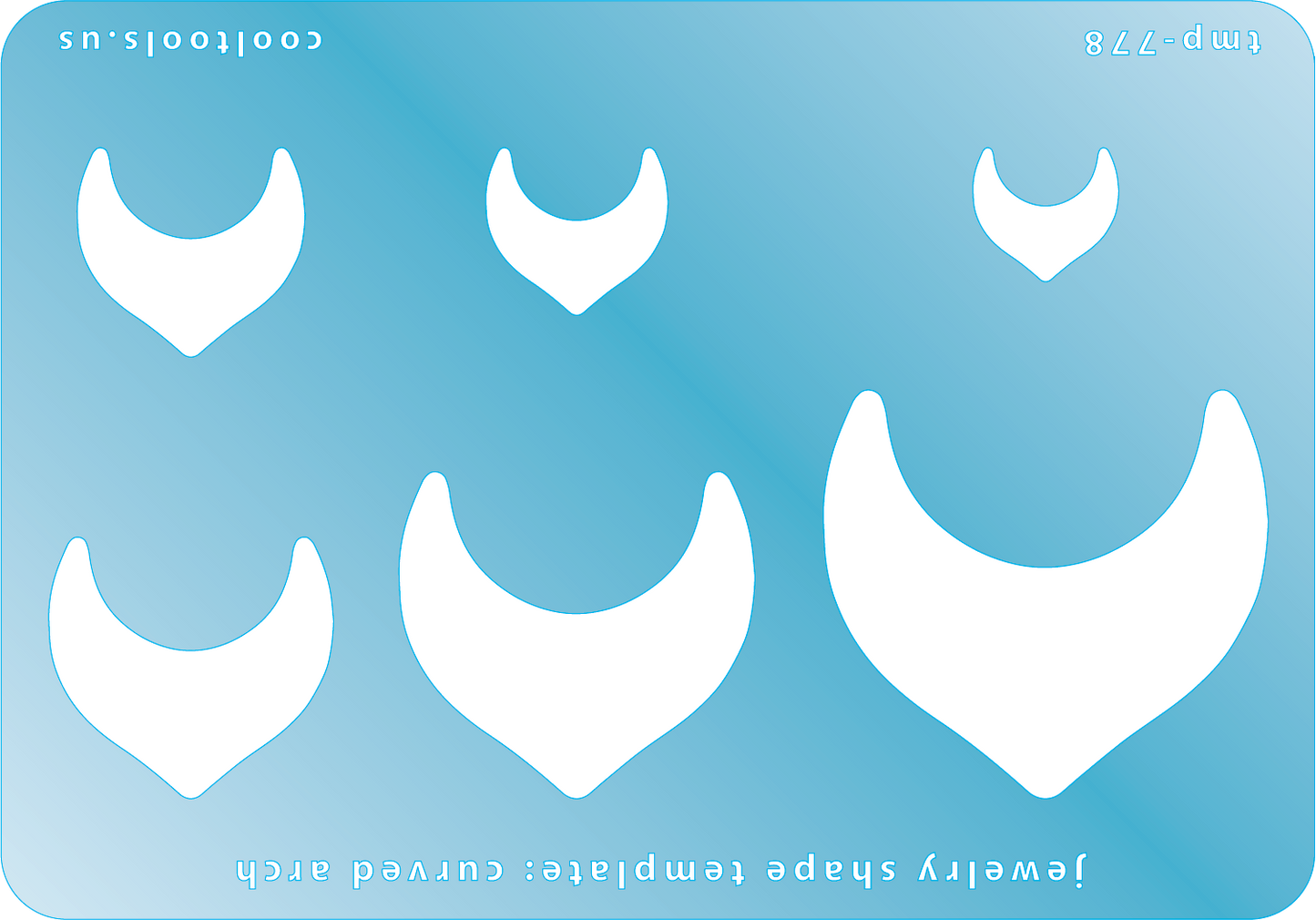 Blue plastic Jewelry Shape Template - Curved Arch Includes 6 shapes. Sizes are from 14mm to 43mm. Our special surface makes it easy to find these templates on your workbench, but allows clarity for positioning.