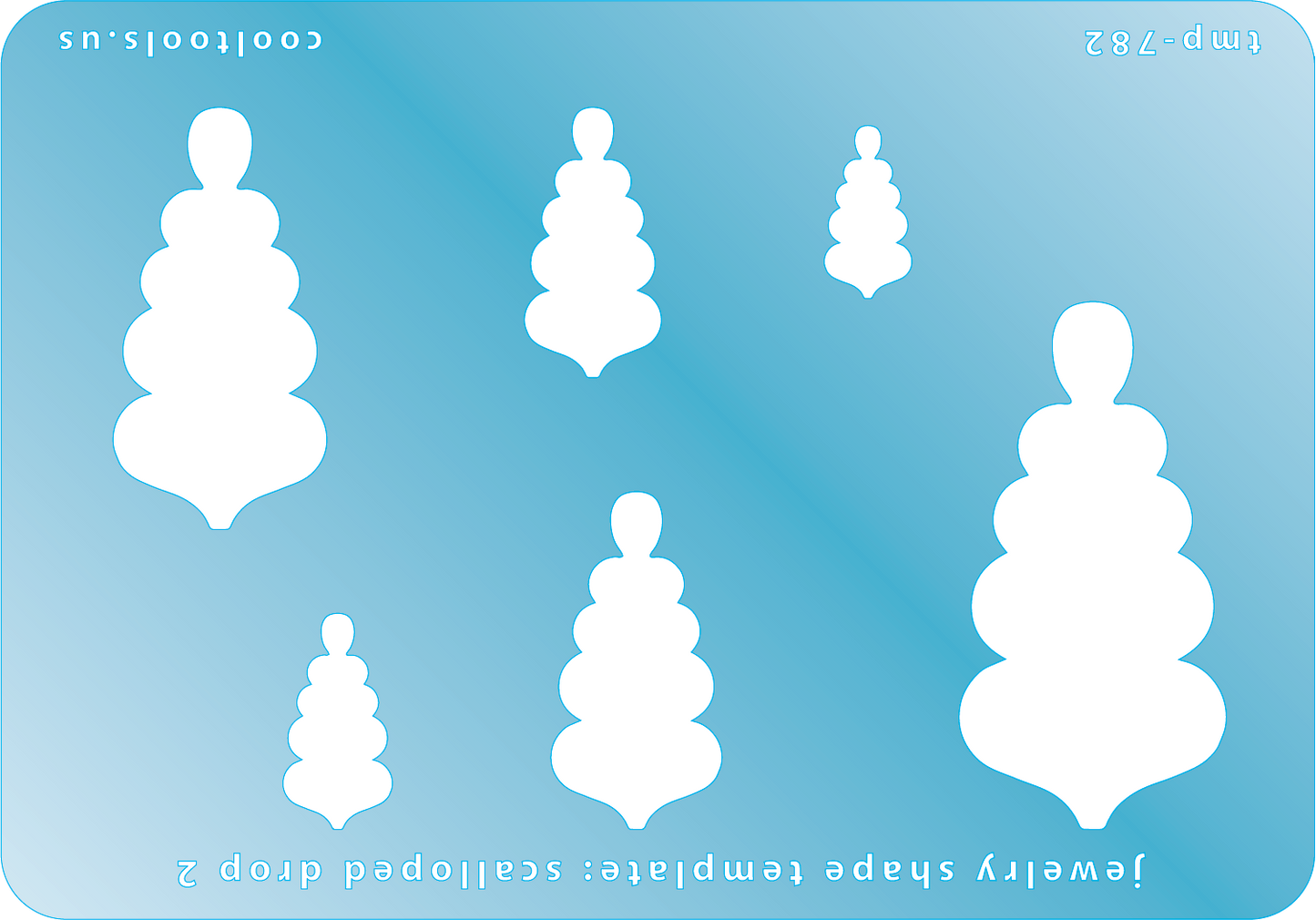 Blue plastic Jewelry Shape Template - Scalloped Drop 2 Includes 6 shapes. Sizes are from 16.5mm to 50.5mm. Our special surface makes it easy to find these templates on your workbench, but allows clarity for positioning.