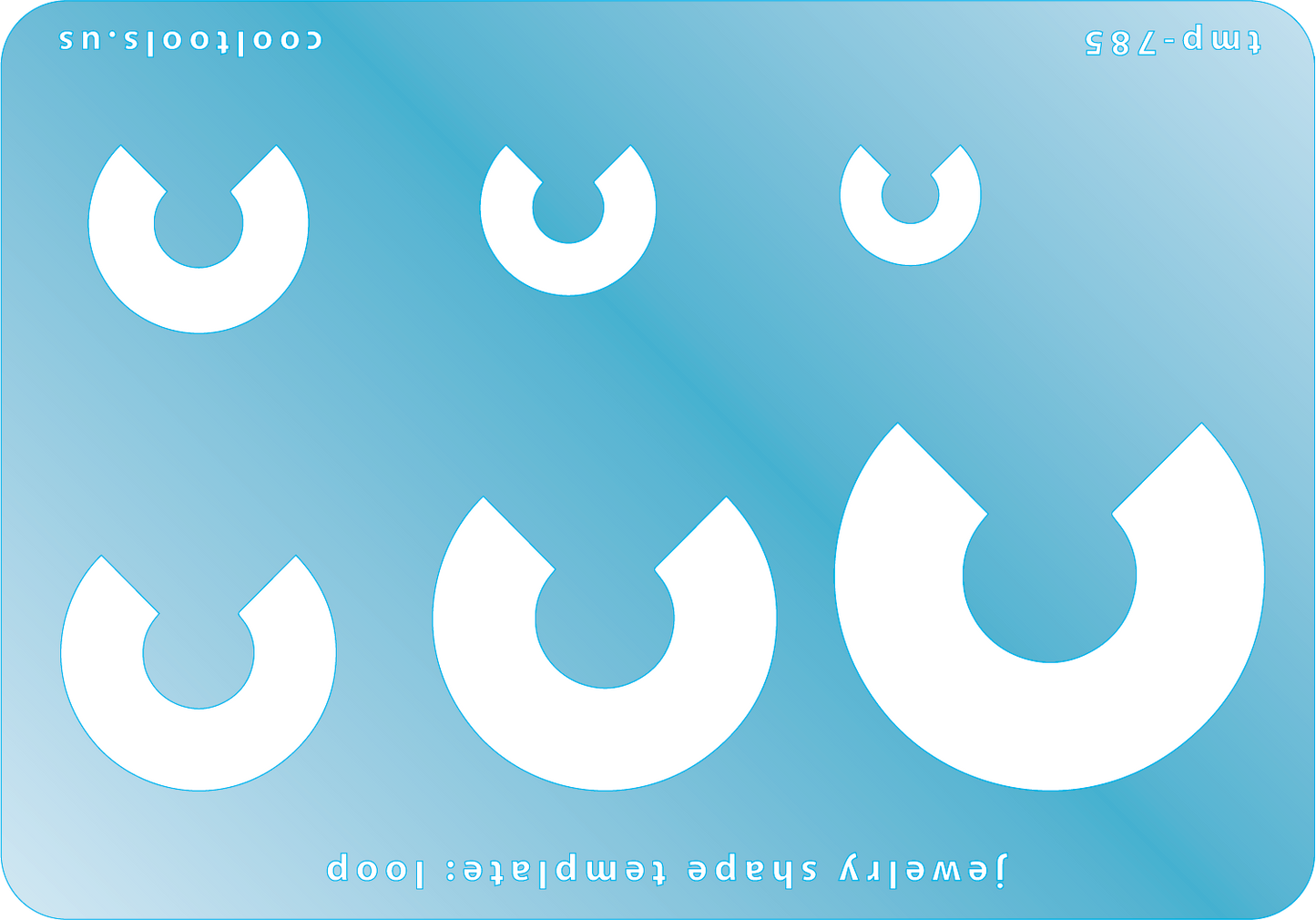 Blue plastic Jewelry Shape Template - Loop Includes 6 shapes. Sizes are from 13.5mm to 41.5mm. Our special surface makes it easy to find these templates on your workbench, but allows clarity for positioning.