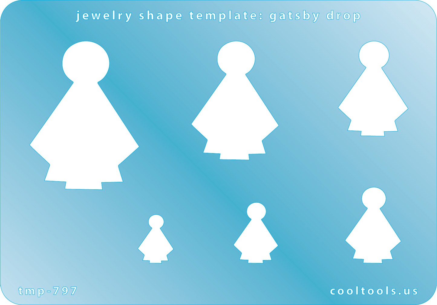 Blue plastic Jewelry Shape Template - Gatsby Drop Includes 6 shapes. Sizes are from 14mm to 43mm. Our special surface makes it easy to find these templates on your workbench, but allows clarity for positioning.
