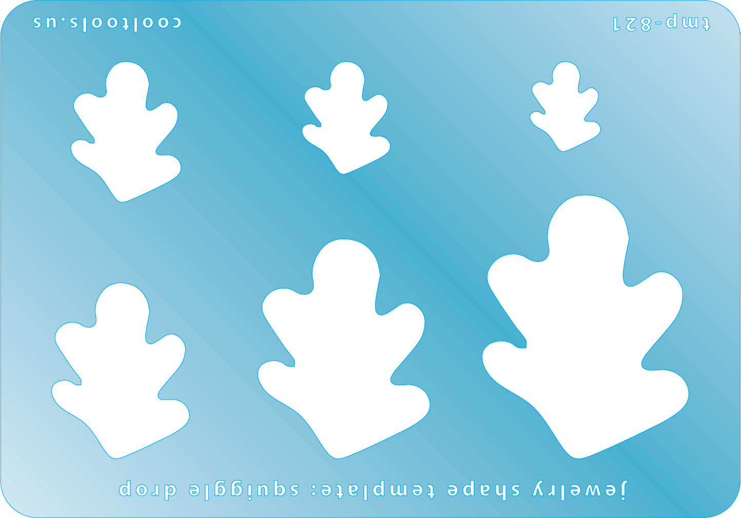 Blue plastic Jewelry Shape Template - Squiggle Drop Includes 6 graduated sizes. Sizes are from 15mm to 45.5mm. Our special surface makes it easy to find these templates on your workbench, but allows clarity for positioning.
