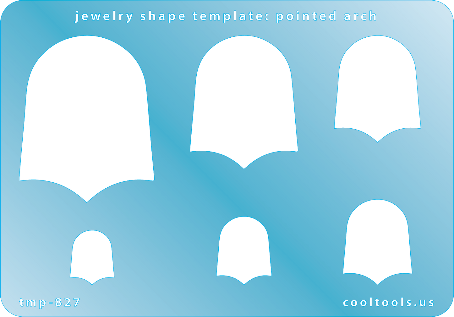 Blue plastic Jewelry Shape Template - Pointed Arch Includes 6 graduated sizes. Sizes are from 15mm to 47mm. Our special surface makes it easy to find these templates on your workbench, but allows clarity for positioning.