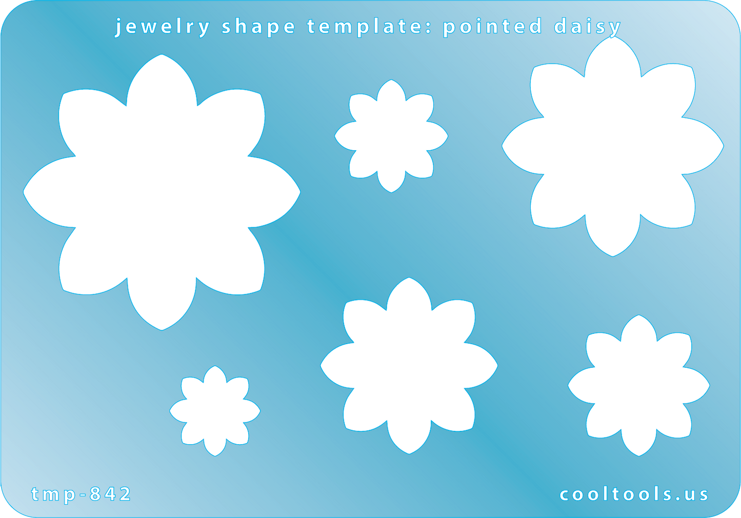 Blue plastic Jewelry Shape Template - Pointed Daisy Includes 6 graduated sizes. Sizes are from 15.5mm to 47.5mm. Our special surface makes it easy to find these templates on your workbench, but allows clarity for positioning.