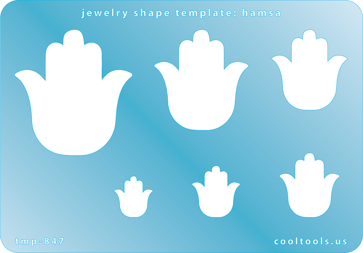 Blue plastic Jewelry Shape Template - Hamsa Includes 6 graduated sizes. Sizes are from 14mm to 44mm. Our special surface makes it easy to find these templates on your workbench, but allows clarity for positioning