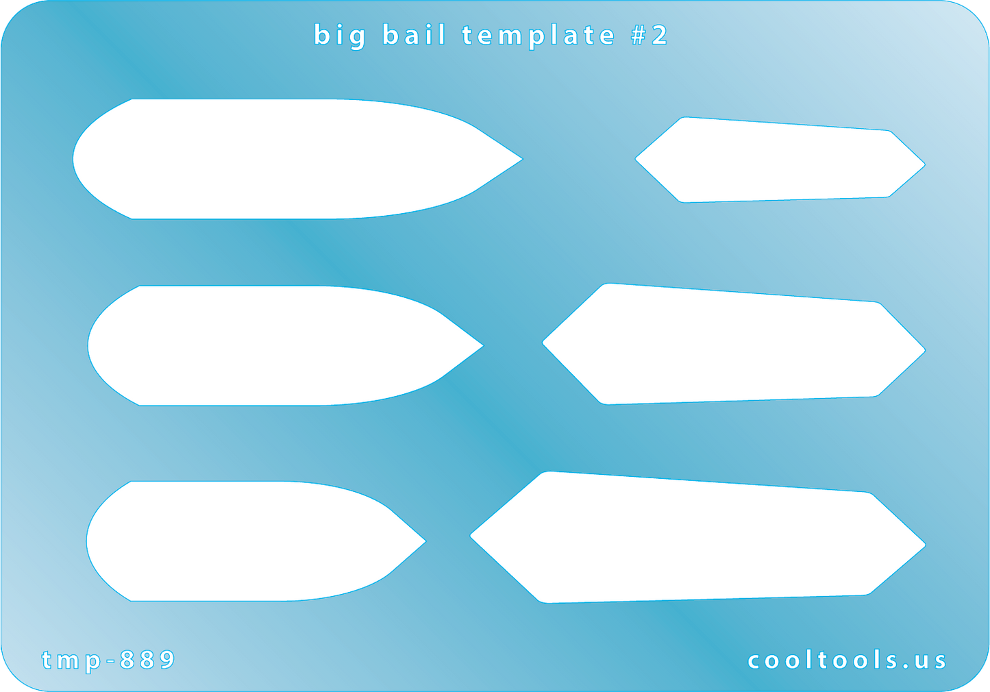 Blue Plastic Big Bail Template #2
Includes 2 different shapes with 3 graduated sizes of each shape. Sizes are from 37mm to 58.5mm.