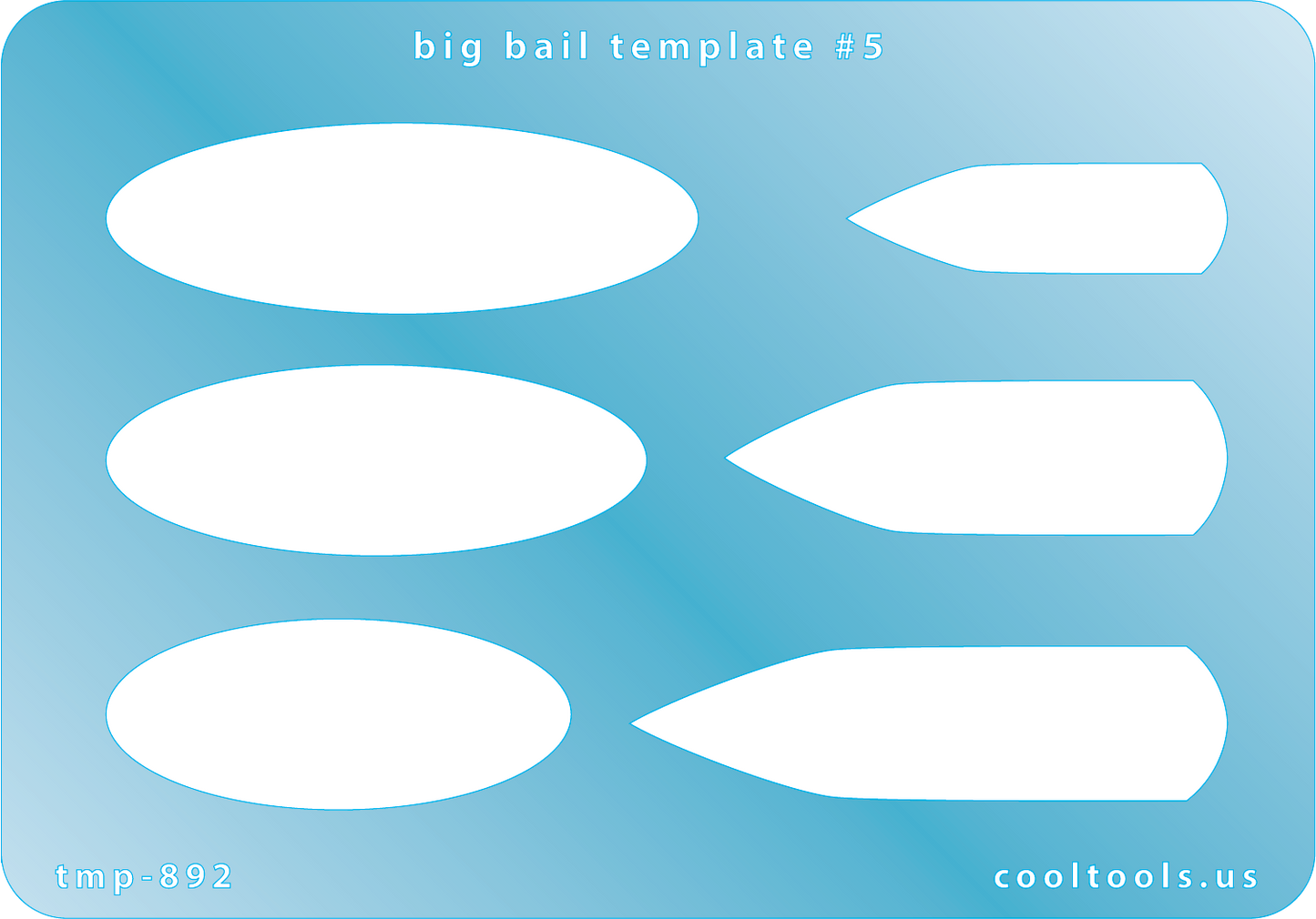 blue plastic Big Bail Template #5
Includes 2 different shapes with 3 graduated sizes of each shape. Sizes are from 35mm to 57mm.