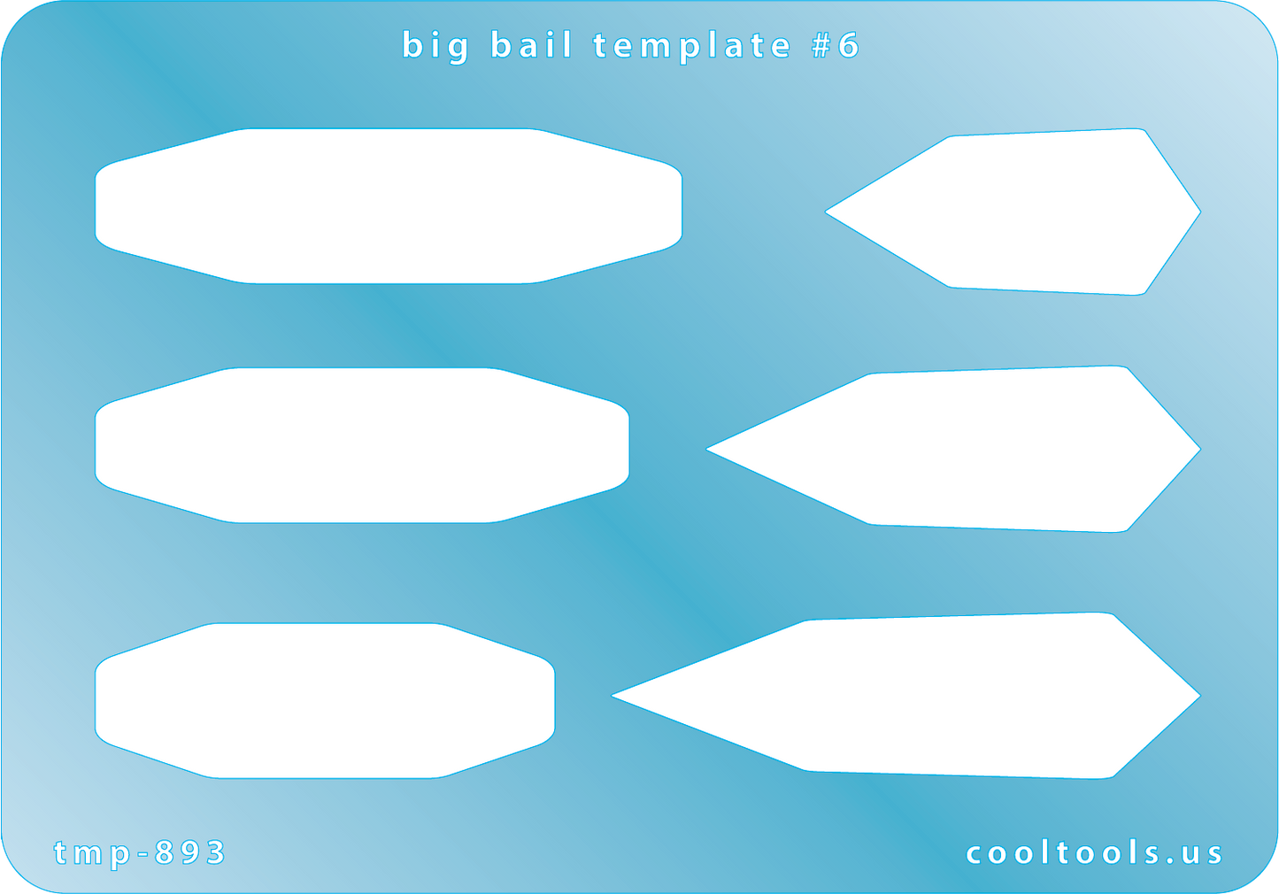 blue plastic Big Bail Template #6
Includes 2 different shapes with 3 graduated sizes of each shape. Sizes are from 36mm to 58.5mm.