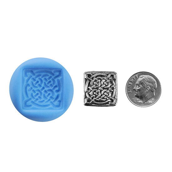 Ready Mold - Celtic Knot Square Blue Ready Mold, Silver Sample with Dime