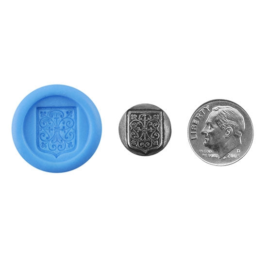 Ready Mold - Filigree Shield Blue Ready Mold, Silver Sample with Dime