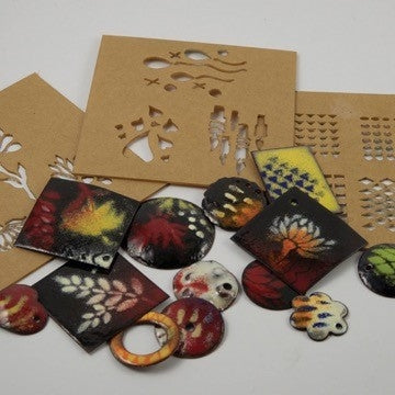 Design Stencils for Enameling - "Reflections" Set of 5 Enhance your enamel with our Design Stencils for Enameling by renowned artist Eugenia Chan. Add flair and dimension to your enamel creations. Each set contains 5 unique stencils with designs as show. Made of see-thru, semi-rigid acrylic to see your work while in use. Each stencil is 3-1/2" x 3-1/2" making it easy to hold in one hand. Each has a removable film to prevent scratches.