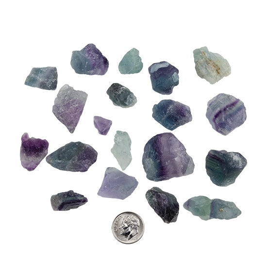 Small Natural Fluorite Rough Raw Gemstone Nuggets - No Hole/Undrilled - Pkg/100g with dime