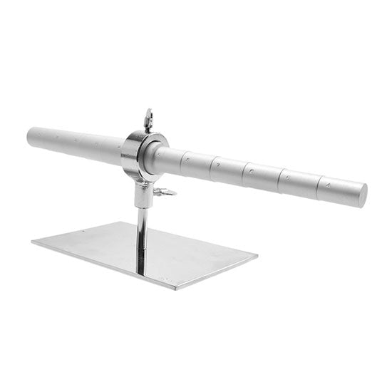 Mandrel - Ring - Stepped - Double Sided Revolving stepped aluminum mandrel on nickel-plated center base. Allows for a full 360 degree horizontal or vertical rotation. Smoothly and easily turn your piece as you work on it. Sizes 4 through 14 are clearly marked on each step. Mandrel can easily be removed from the stand for doing handheld detailed work. 6" x 4" base with a 12" mandrel. Be sure to make a sleeve from waterproof mandrel paper before creating with metal clay to prevent sticking.