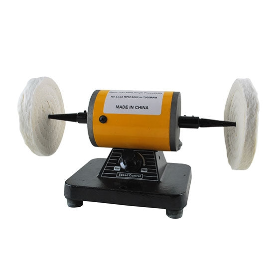 Variable Speed Polishing Lathe (Wheel) Control knob can be set from 3000rpm to 7000rpm This wonderful little bench lathe will save you hours of polishing time. Use with muslin buffs. Features a high torque variable speed motor (3000–7000rpm). Accepts up to 4" diameter buffs, 1/8" shaft