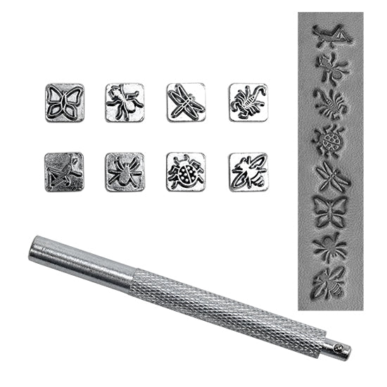 Mini Stamp Set - Bugs While designed for leather stamping, these work great for metal clay. These stamp sets are popular and fun designs for personalizing your projects. Each set includes 8 quality stamping tool heads and 1 handle. All stamping heads are 10mm square and stamping handle is 3-1/2" long. Heads are easily interchangeable for quick changes between designs. samples in clay
