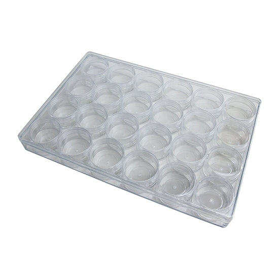 clear plastic Storage System Organizer is ideal to store finishing touches, tiny beads, or stones for all your jewelry making needs. Comes with 12 or 24 screw-top jars to hold your delicate essentials with care. It also includes a big box to hold the jars together.