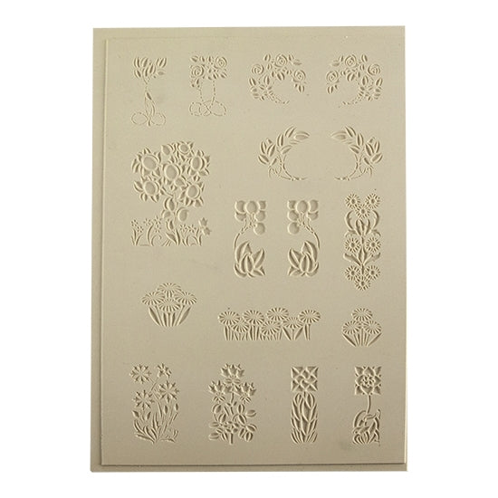 Jewelry Artist Elements - Texture - Arts and Crafts - Florals. Embossed elements. Impress clay, then use a Jewelry Shape Template for the shape or cut out with a needle tool. Jewelry Artist Elements are flexible, washable and can be used with any soft clay. Spritz with CoolSlip or dust on Dry Powder Release for stick-free impressions when using metal clay and polymer clay.