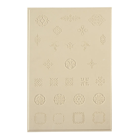 Jewelry Artist Elements - Texture - Craftsman 1 . Embossed elements. Impress clay, then use a Jewelry Shape Template for the shape or cut out with a needle tool. Jewelry Artist Elements are flexible, washable and can be used with any soft clay. Spritz with CoolSlip or dust on Dry Powder Release for stick-free impressions when using metal clay and polymer clay.