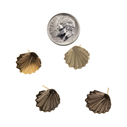 Brass Stud Earring Finding - Scallop Shell, Loop - 18k Gold Plated - Pkg/4 with dime