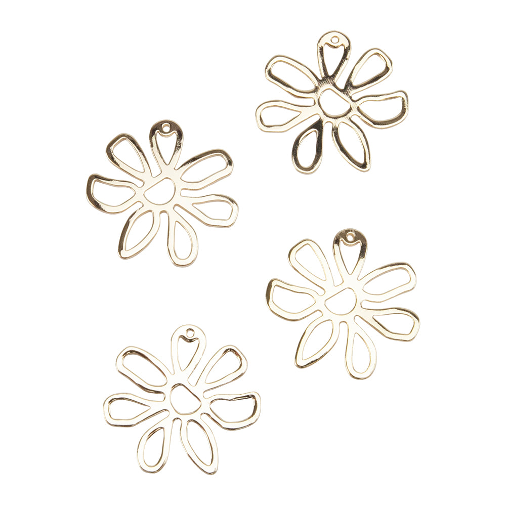 4 Brass Pendants - Flower - 18k Gold Plated