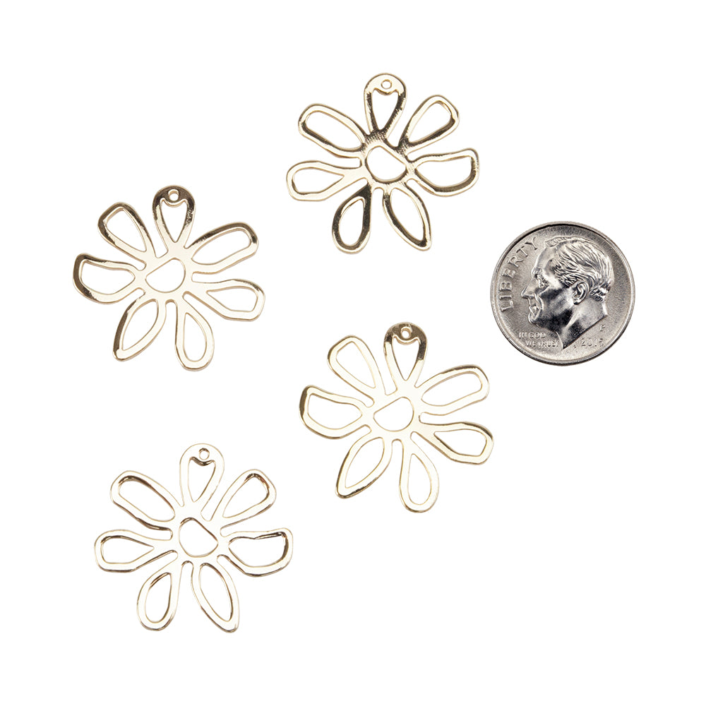 4 Brass Pendants - Flower - 18k Gold Plated with dime