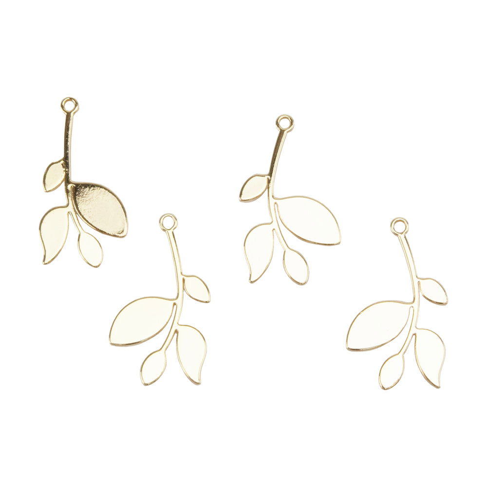 4 Brass Pendants - Leafy Branch - 18k Gold Plated