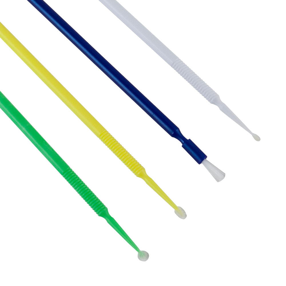 Micro Brushes - Super Fine, Fine, Regular, Ultra Flexible applicators bend to any angle. Unique synthetic fibers hold material in suspension until applied. Ultra brush non-absorbent bristle fibers are great for fluxes, solvents, adhesives and enamels. Choose from white super fine, yellow fine, green regular, blue ultra or all 4.