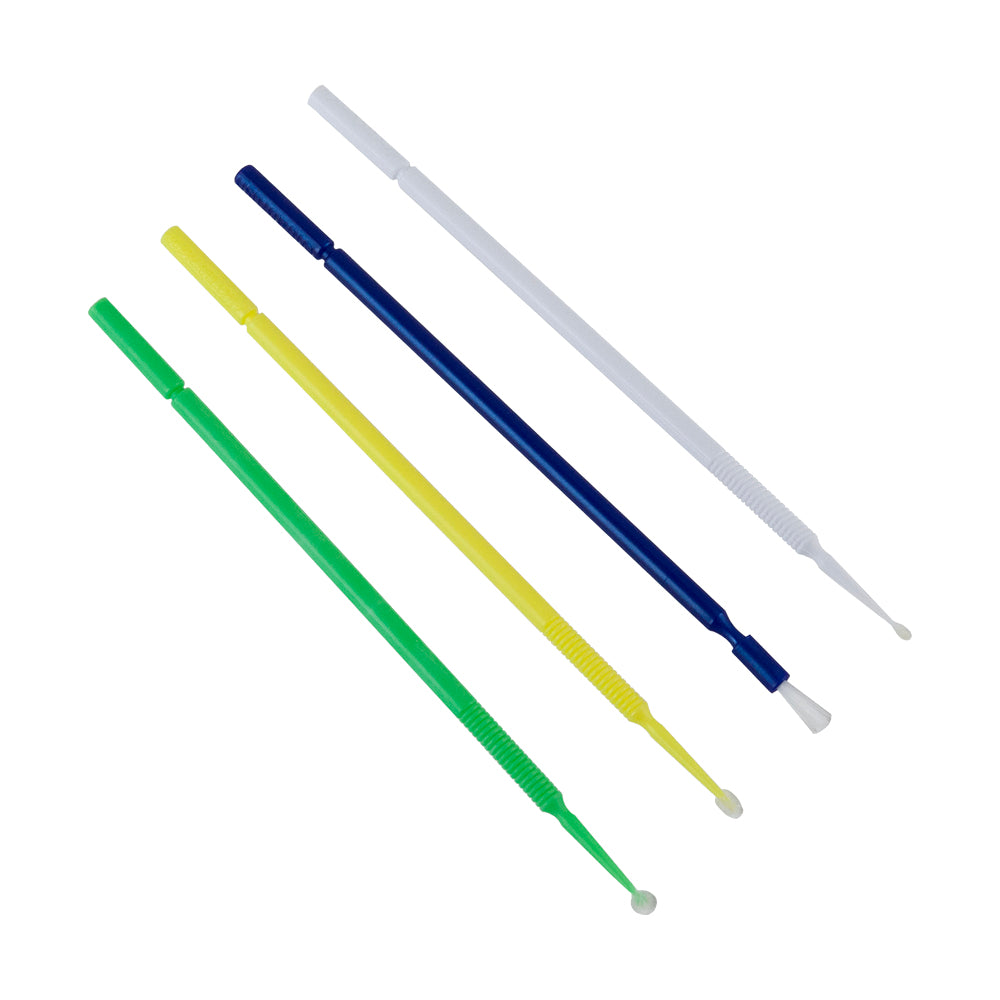 Micro Brushes - Super Fine, Fine, Regular, Ultra Flexible applicators bend to any angle. Unique synthetic fibers hold material in suspension until applied. Ultra brush non-absorbent bristle fibers are great for fluxes, solvents, adhesives and enamels. Choose from white super fine, yellow fine, green regular, blue ultra or all 4.