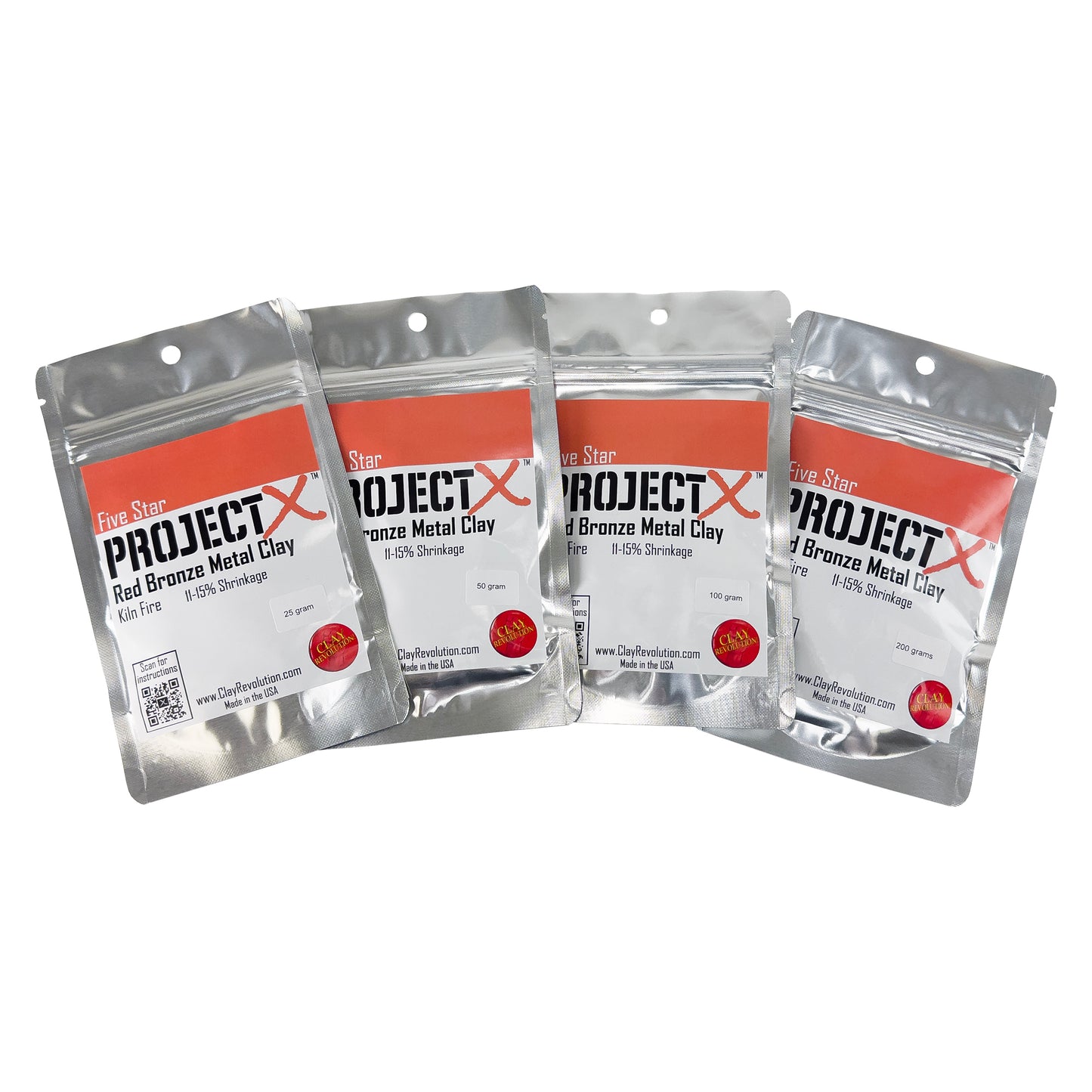 packages of Five Star Project X Red Bronze Clay 25gm, 50gm, 100gm, 200gm