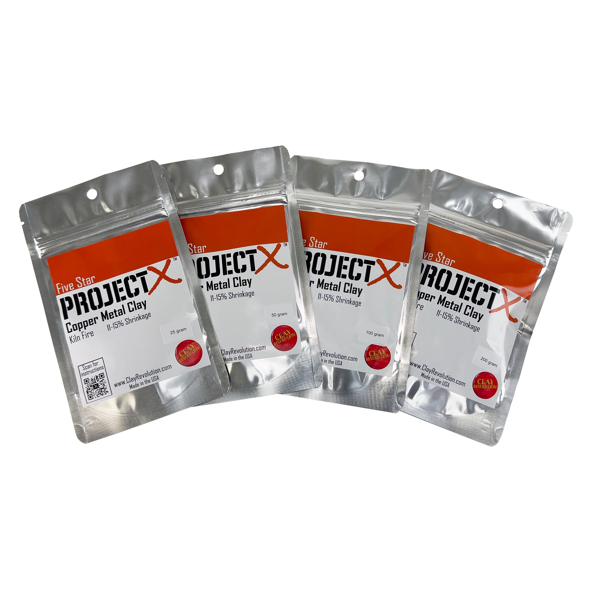 packages of Five Star Project X Copper Clay 25gm, 50gm, 100gm, 200gm