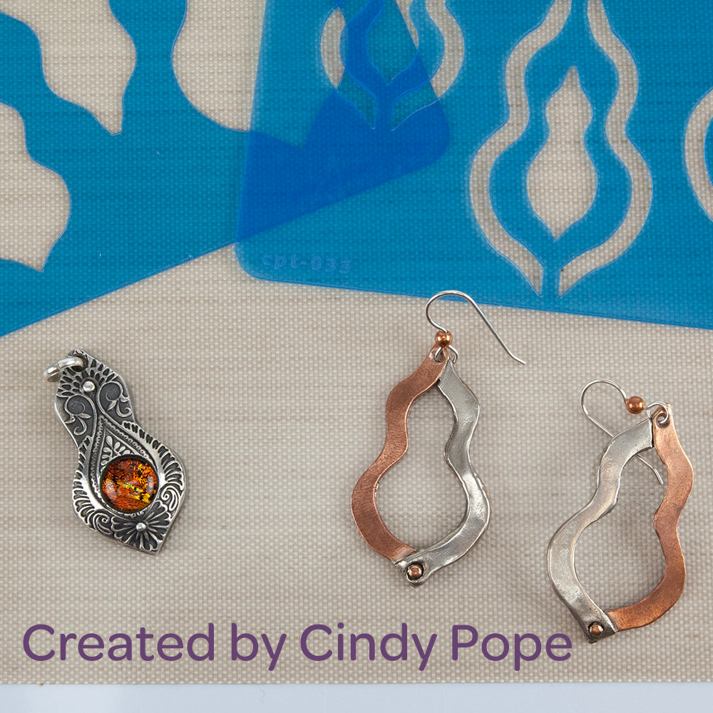 Cindy Pope Template - Goddess sample silver pendant and silver/copper earrings